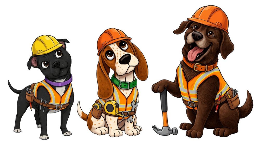 Three cartoon dogs in hard hats and high-visibility vests: Lola the black Staffie with a purple collar, Bill the basset hound with a green collar and a tape measure, and Max the chocolate Labrador with an orange collar, leaning on a hammer.